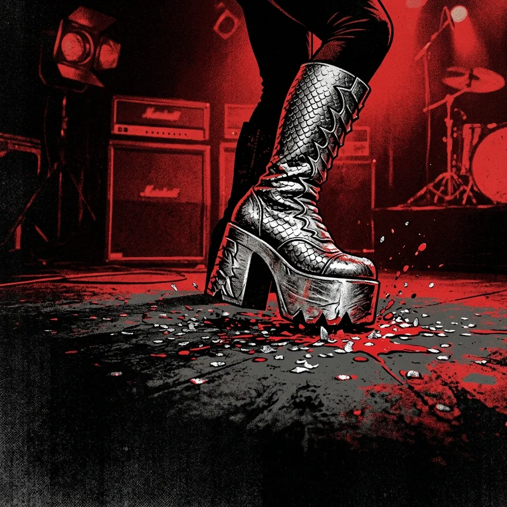 ilustración tributo de cuatro figuras con maquillaje blanco y negro en pose de rock sobre un escenario iluminado por llamas y cohetes, estética cómic hard rock años 70 Nueva York, paleta rojo y negro intenso, sin rostros reconocibles ni logos