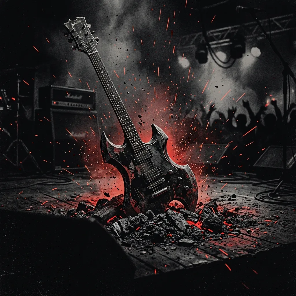 ilustración tributo de una guitarra eléctrica con llamas y una batería elevada sobre un escenario de estadio bajo una lluvia de chispas pirotécnicas, atmósfera hard rock espectáculo años 80, paleta rojo y negro, sin rostros ni logos