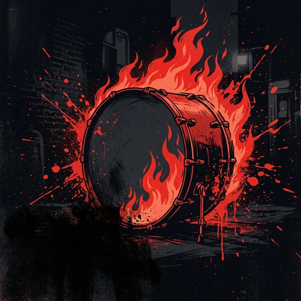 ilustración tributo de un collage de relámpagos de guitarra, una lengua de fuego y una estrella de cinco puntas sobre fondo negro con destellos rojos, estética hard rock espectáculo, paleta rojo y negro, sin texto ni logotipos