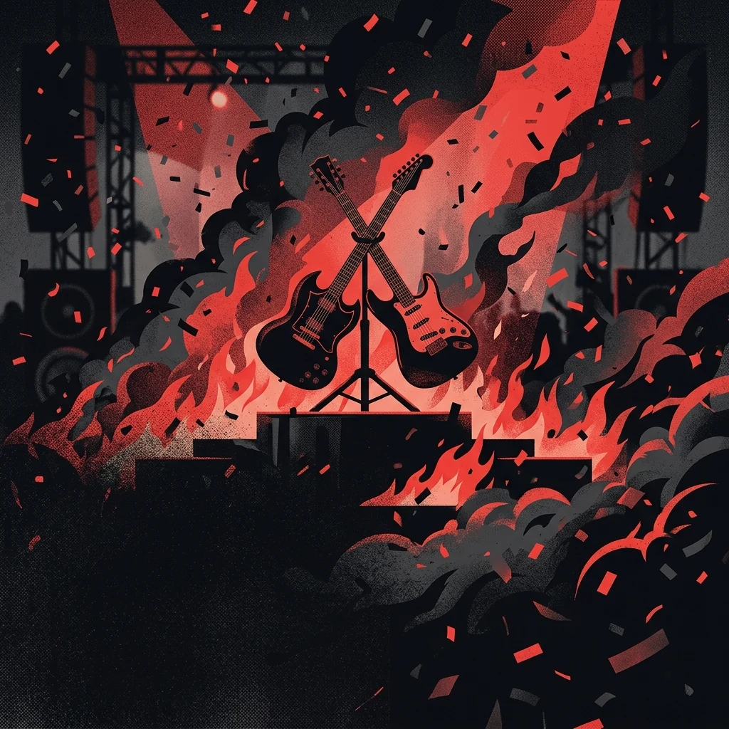 ilustración tributo de guitarras eléctricas cruzadas sobre un escenario envuelto en llamas y confeti, atmósfera de concierto de rock en noche suaba, paleta rojo y negro sin rostros reconocibles ni logos