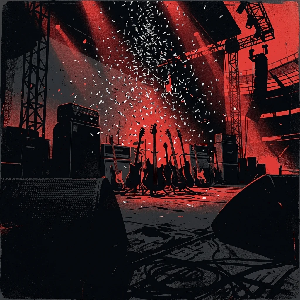 ilustración tributo de un escenario de estadio con luces de neón rojas y negras, guitarras en silueta bajo un diluvio de confeti plateado, energía y potencia sin rostros ni logos