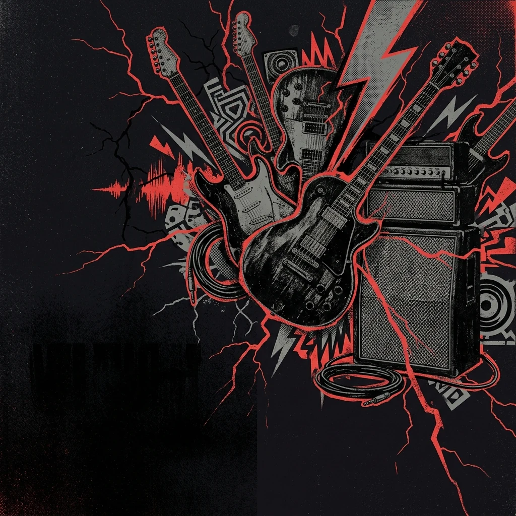 ilustración tributo de un collage de guitarras eléctricas, relámpagos y motivos de rock clásico alemán sobre fondo negro con destellos rojos, sin texto ni logotipos