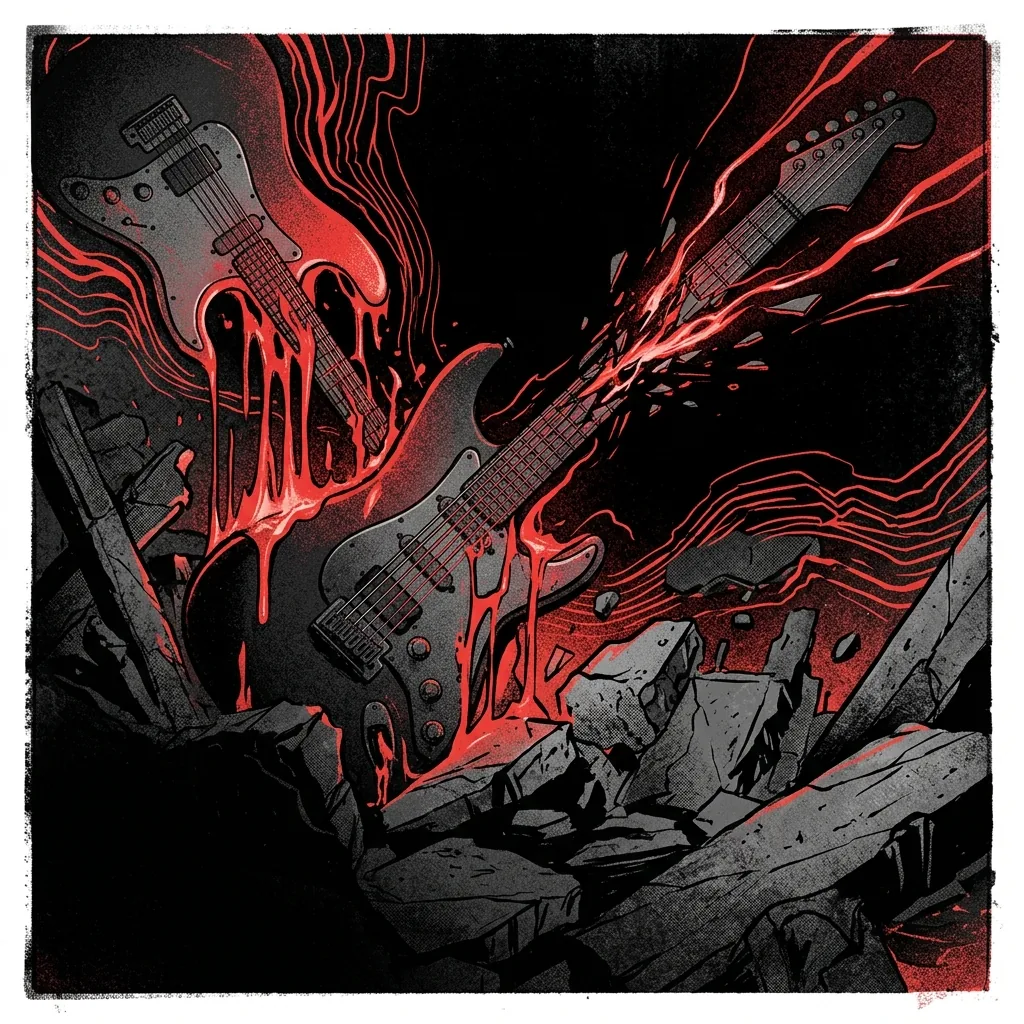 ilustración tributo de guitarras eléctricas derramando distorsión roja sobre un fondo de negro absoluto, fragmentos de concreto y energía cinética, atmósfera de furia controlada y mosh pit inminente, paleta rojo y negro, sin rostros ni logos