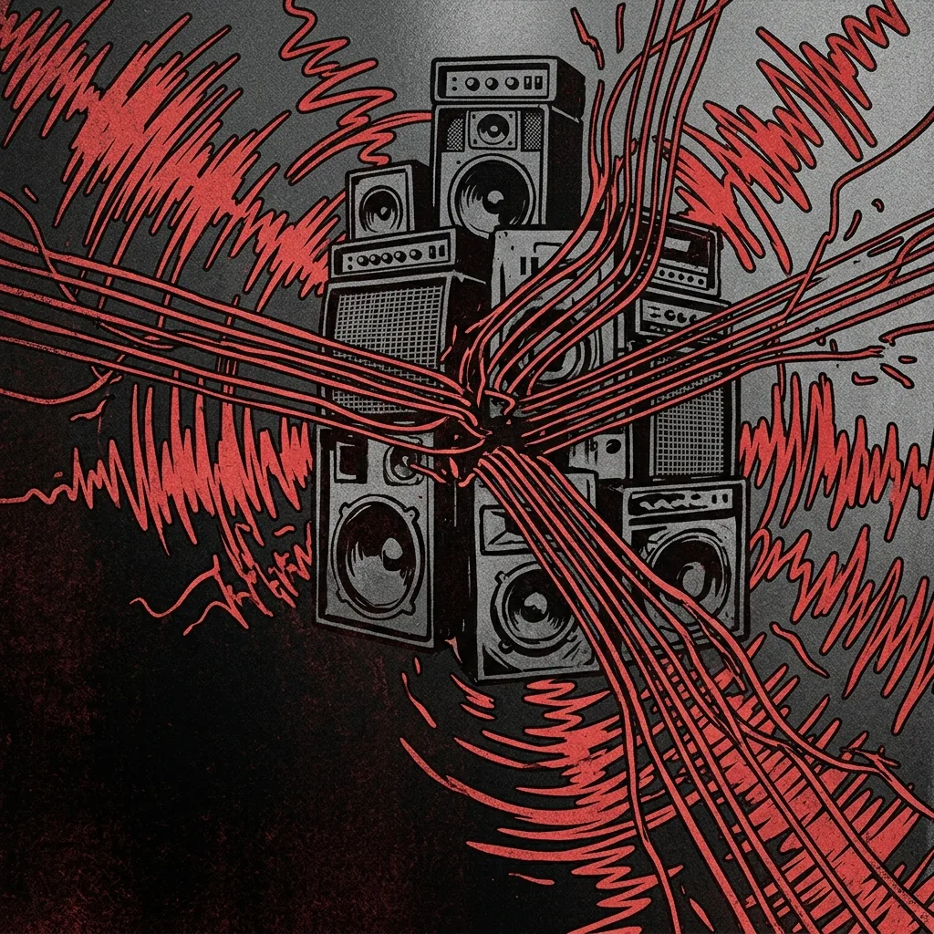 ilustración tributo de un collage de amplificadores, cuerdas de guitarra en tensión extrema y ondas de sonido en rojo sobre negro, evocando la física del sonido hardcore en su forma más densa, paleta rojo y negro, sin texto ni logotipos