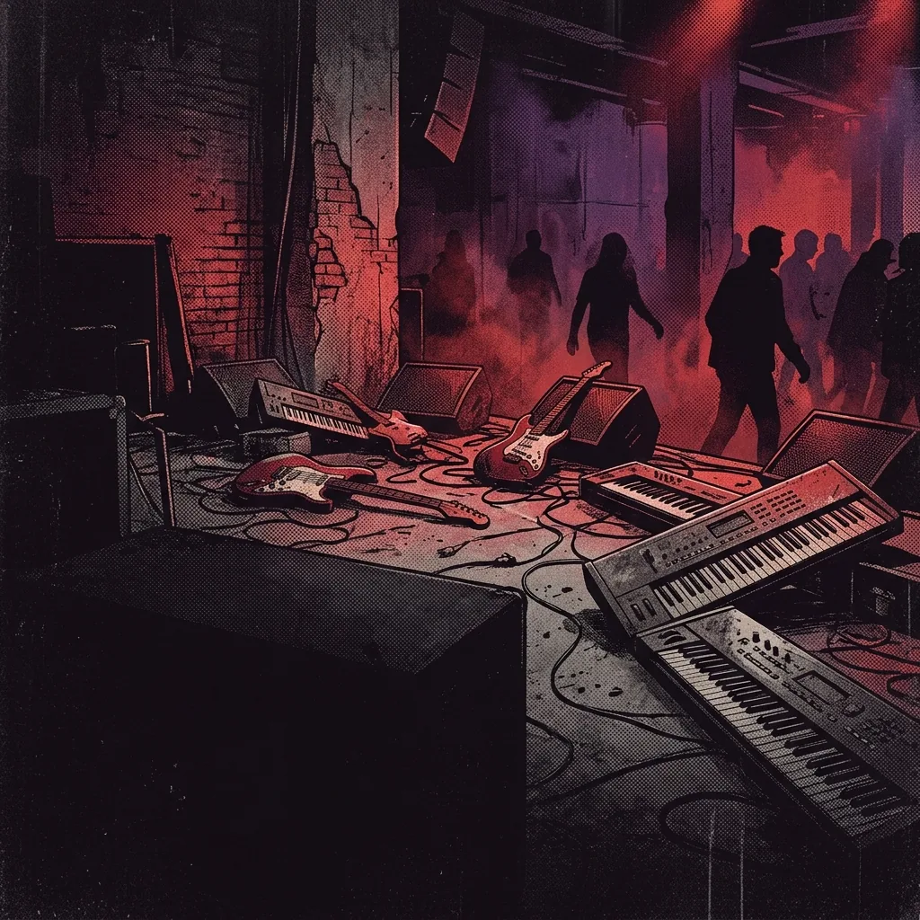 ilustración tributo de un escenario berlinés industrial con teclados volcados y guitarras eléctricas bajo luz roja y violeta, atmósfera de cabaret apocalíptico, sin rostros ni logos reconocibles