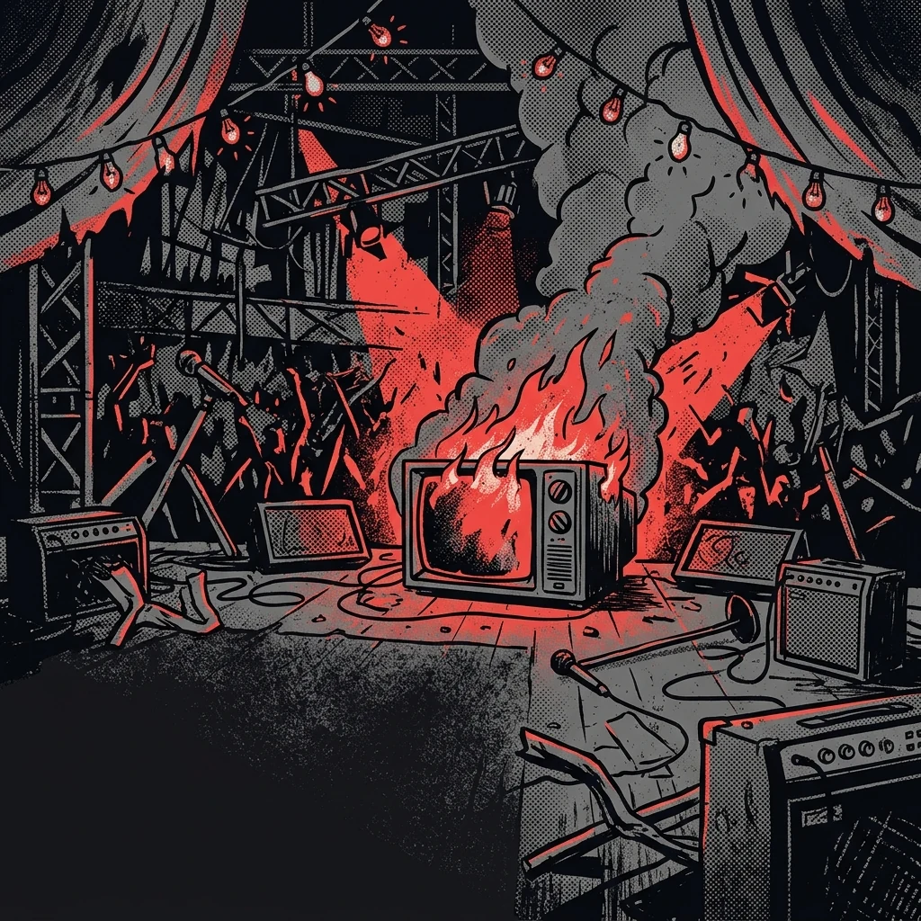 ilustración tributo de un televisor en llamas sobre un escenario de concierto metal con destellos rojos y negros, caos festivo y elementos de cabaret absurdo, sin rostros ni logos