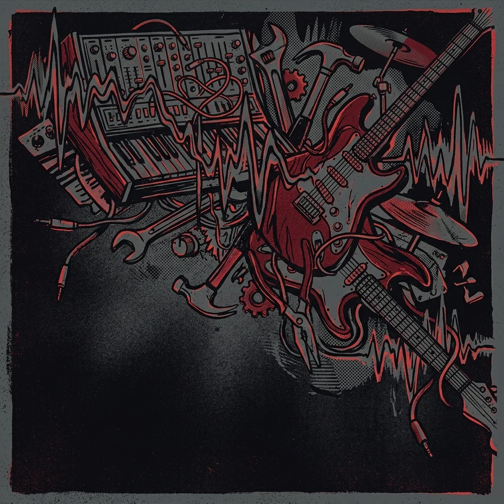 ilustración tributo de teclados distorsionados y guitarras eléctricas entrelazadas en un collage de herramientas domésticas y ondas de sonido, paleta rojo y negro, sin texto ni logotipos