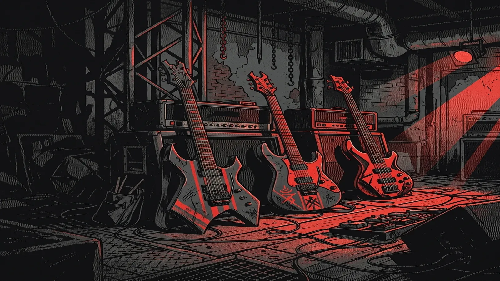 ilustración tributo de guitarras de siete cuerdas y un bajo agresivo sobre un escenario de almacén industrial oscuro, luces rojas rasantes, atmósfera nu metal California 1993, sin rostros reconocibles ni logos, paleta rojo y negro