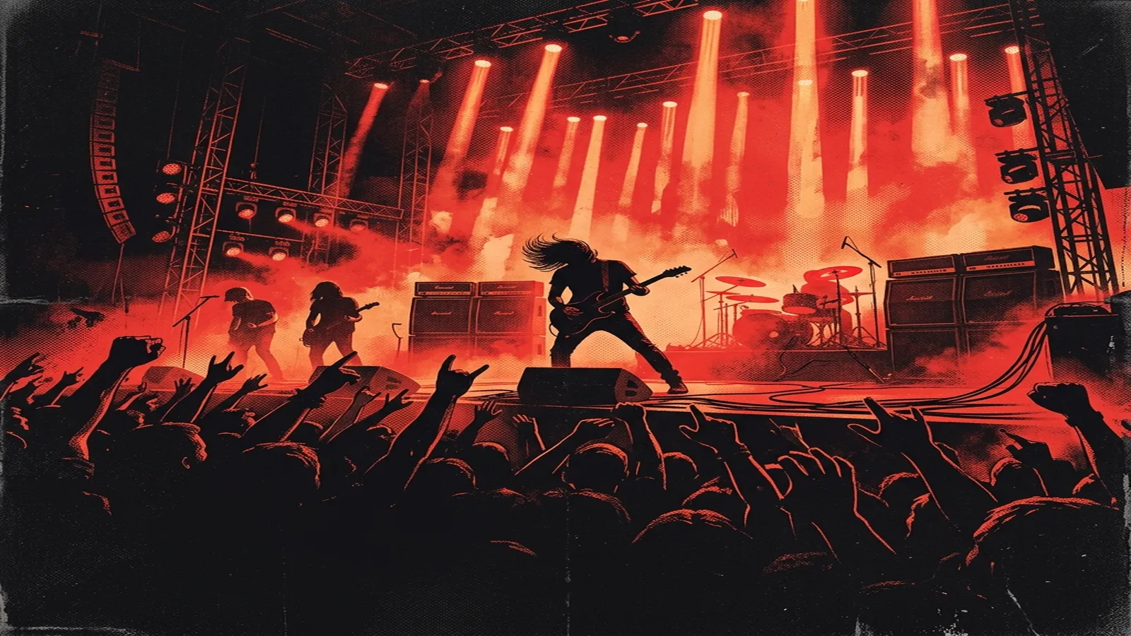ilustración tributo de un escenario de estadio con lluvias de luz roja sobre instrumentos de metal alternativo, siluetas de amplificadores apilados y torres de efectos de luz, estética rock masivo 2000s, paleta rojo y negro intenso, sin rostros ni logos