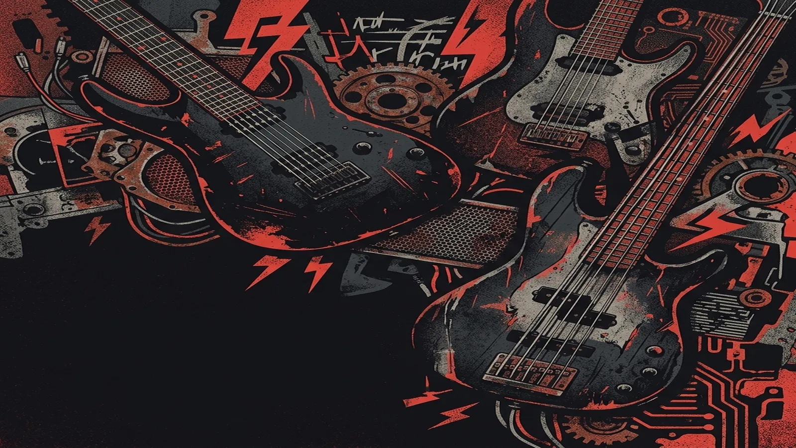 ilustración tributo de un collage de guitarras de siete cuerdas, un bajo con cuerdas golpeadas y motivos industriales sobre fondo oscuro, fragmentos de letras abstractas, paleta rojo y negro, sin texto legible ni logotipos