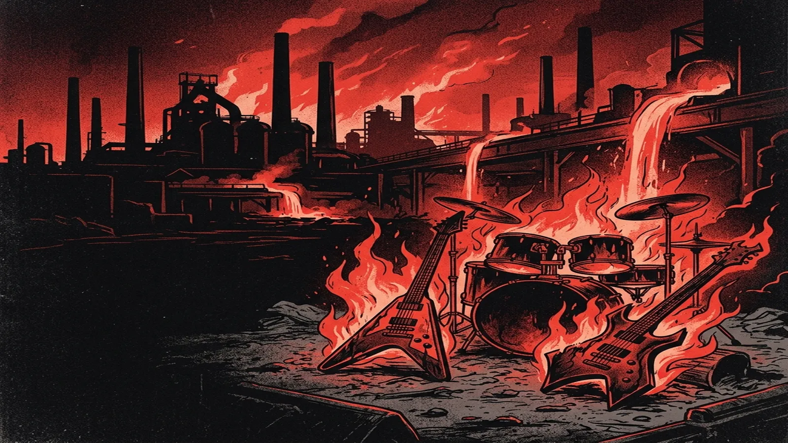 ilustración tributo de guitarras eléctricas y una batería en llamas sobre un paisaje industrial de Essen con chimeneas y acero fundido, atmósfera thrash metal de los años 80, paleta rojo y negro, sin rostros reconocibles ni logos