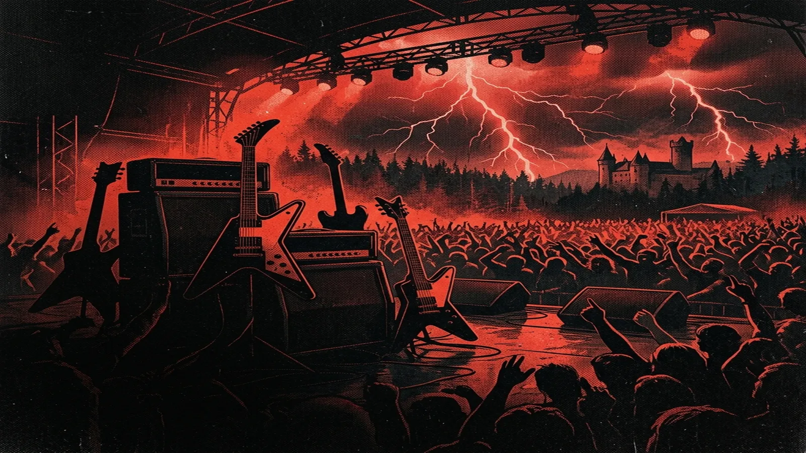 ilustración tributo de un escenario de festival bañado en luz roja con siluetas de guitarras y una tormenta eléctrica sobre el cielo europeo, atmósfera de thrash metal de los 2000, paleta rojo y negro, sin rostros ni logos