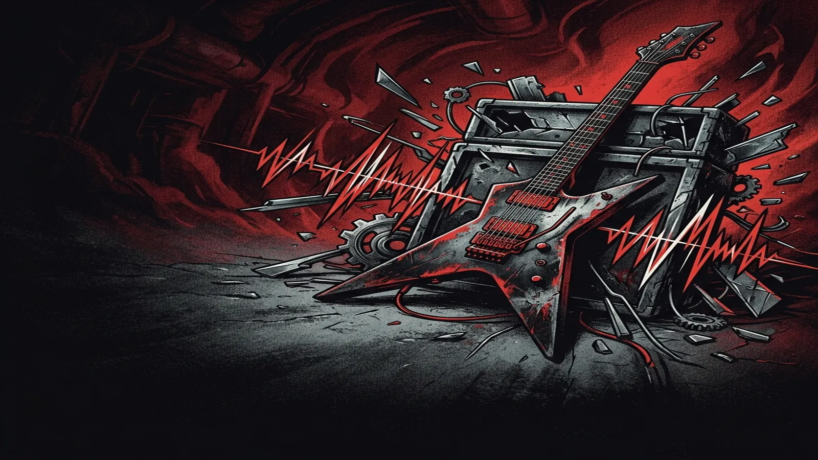ilustración tributo de una guitarra eléctrica rodeada de fragmentos metálicos y ondas de sonido que se propagan sobre un fondo oscuro de rojo y negro, estética thrash metal técnico alemán, sin texto ni logotipos