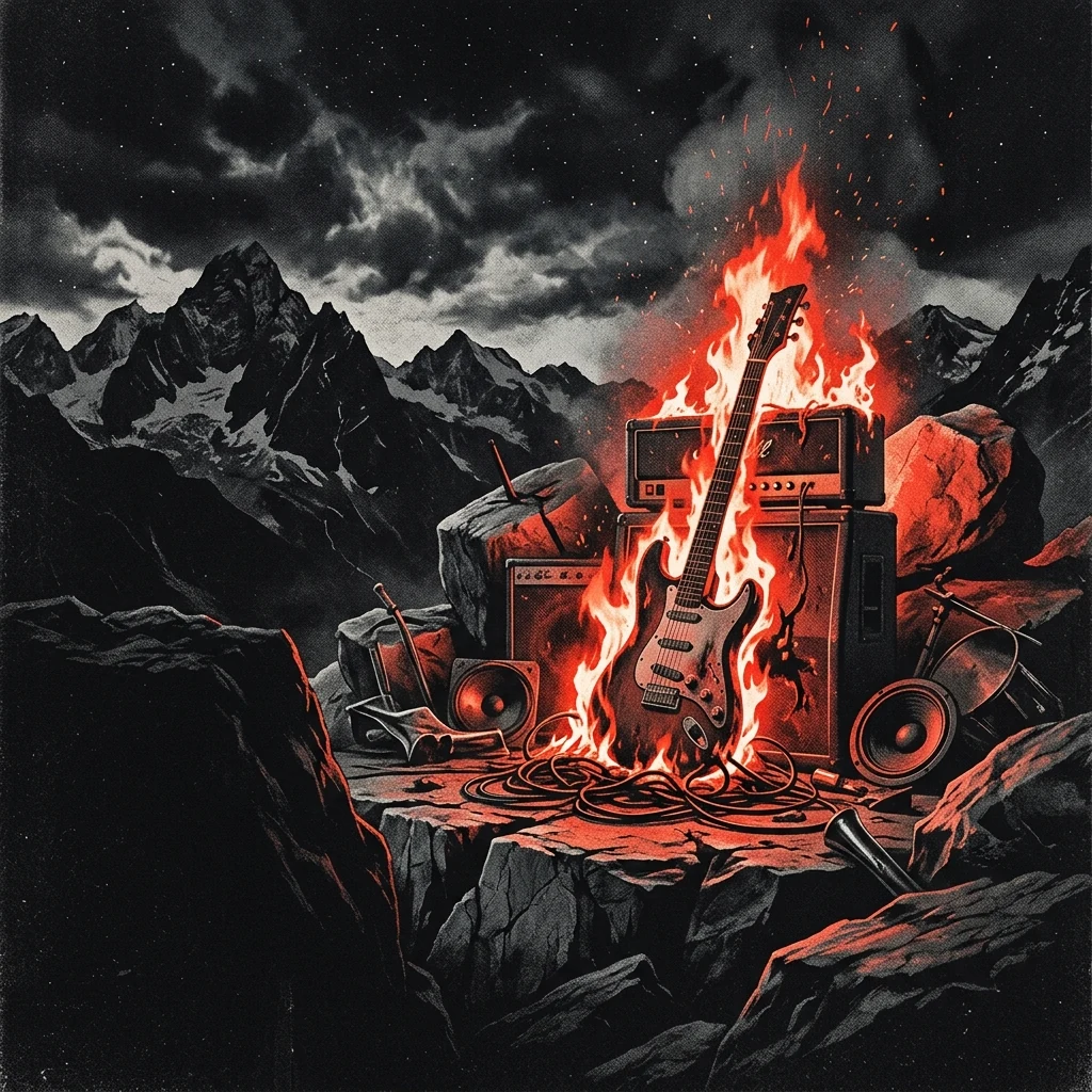 ilustración tributo de una guitarra eléctrica encendida en llamas sobre un escenario de roca alpina suiza bajo un cielo nocturno, atmósfera cruda y poderosa, paleta rojo y negro, sin rostros reconocibles ni logos