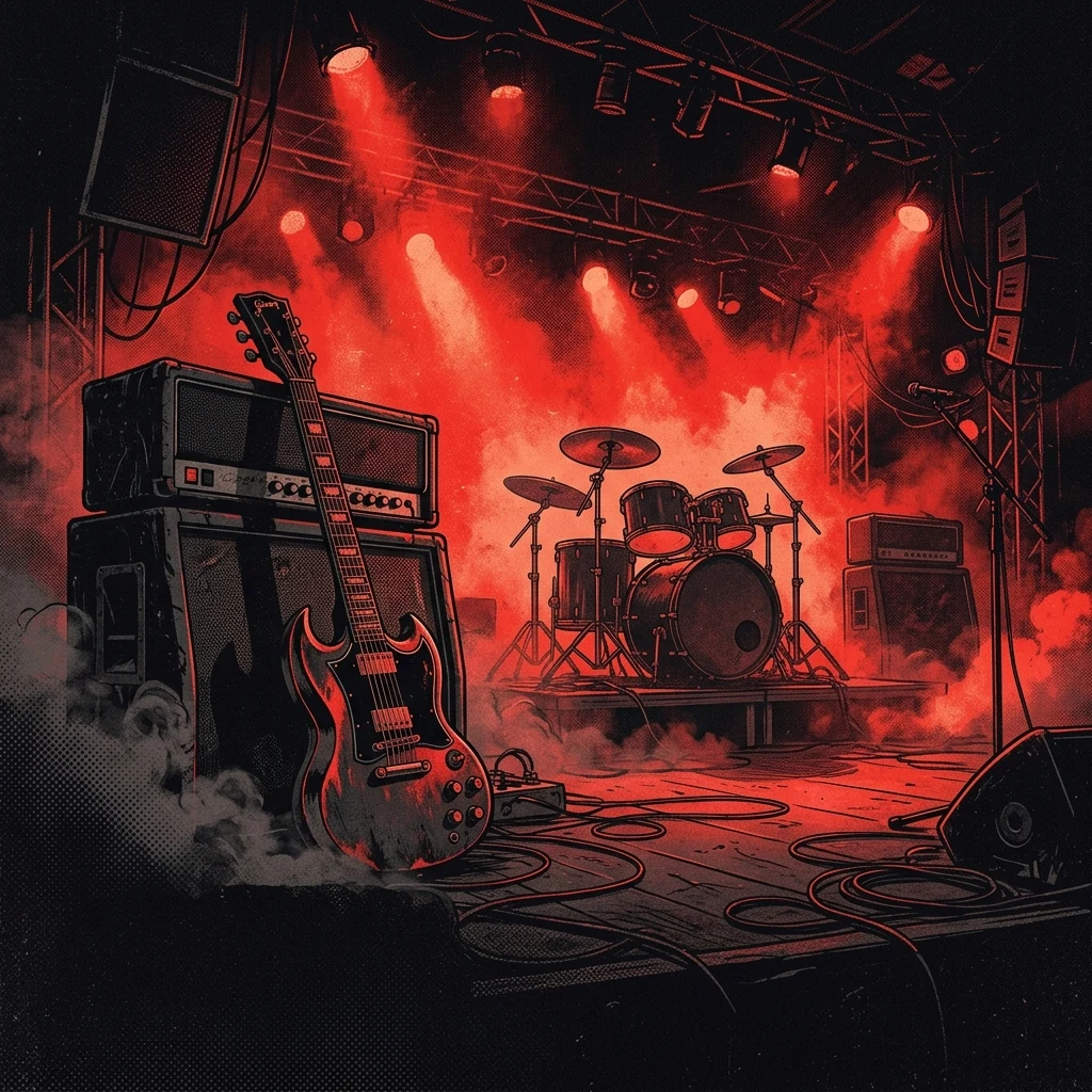 ilustración tributo de un escenario de concierto multitudinario bañado en luz roja con una guitarra en primer plano y humo de máquinas de niebla, estética hard rock de los años 80, paleta rojo y negro, sin rostros ni logos