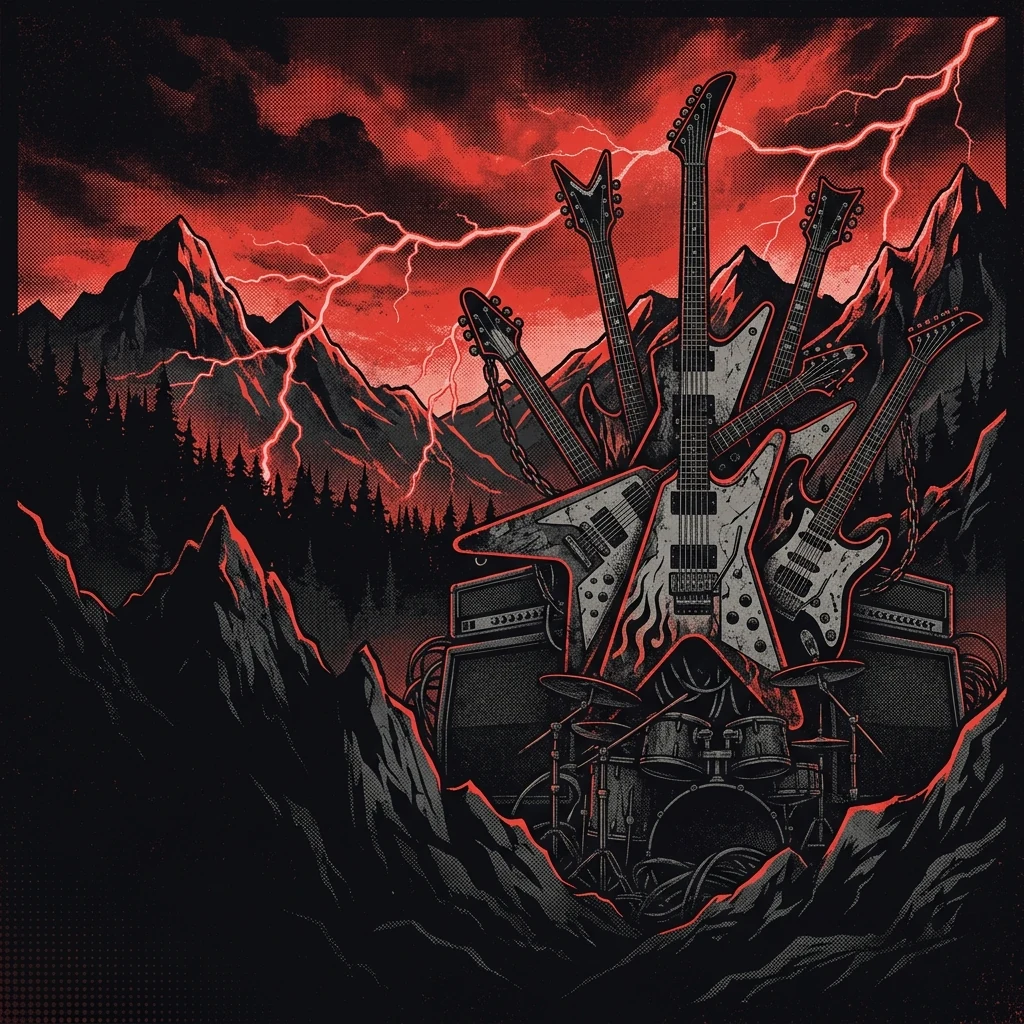 ilustración tributo de un collage de guitarras eléctricas, relámpagos y siluetas de montañas alpinas bajo un cielo rojo y negro, estética de póster de concierto de los años 80, sin texto ni logotipos