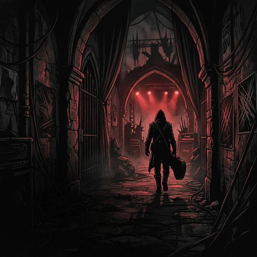 ilustración tributo de un pasillo oscuro y teatral con sombras inquietantes y una luz roja tenue, atmósfera gótica y progresiva, paleta rojo y negro, sin rostros ni logos