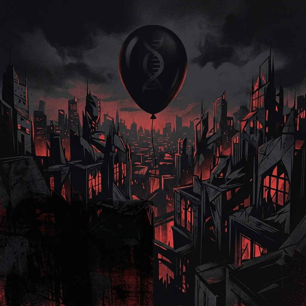 ilustración tributo de un globo negro flotando sobre un paisaje urbano nocturno y surreal, atmósfera gótica y progresiva, paleta rojo y negro, sin rostros ni logos