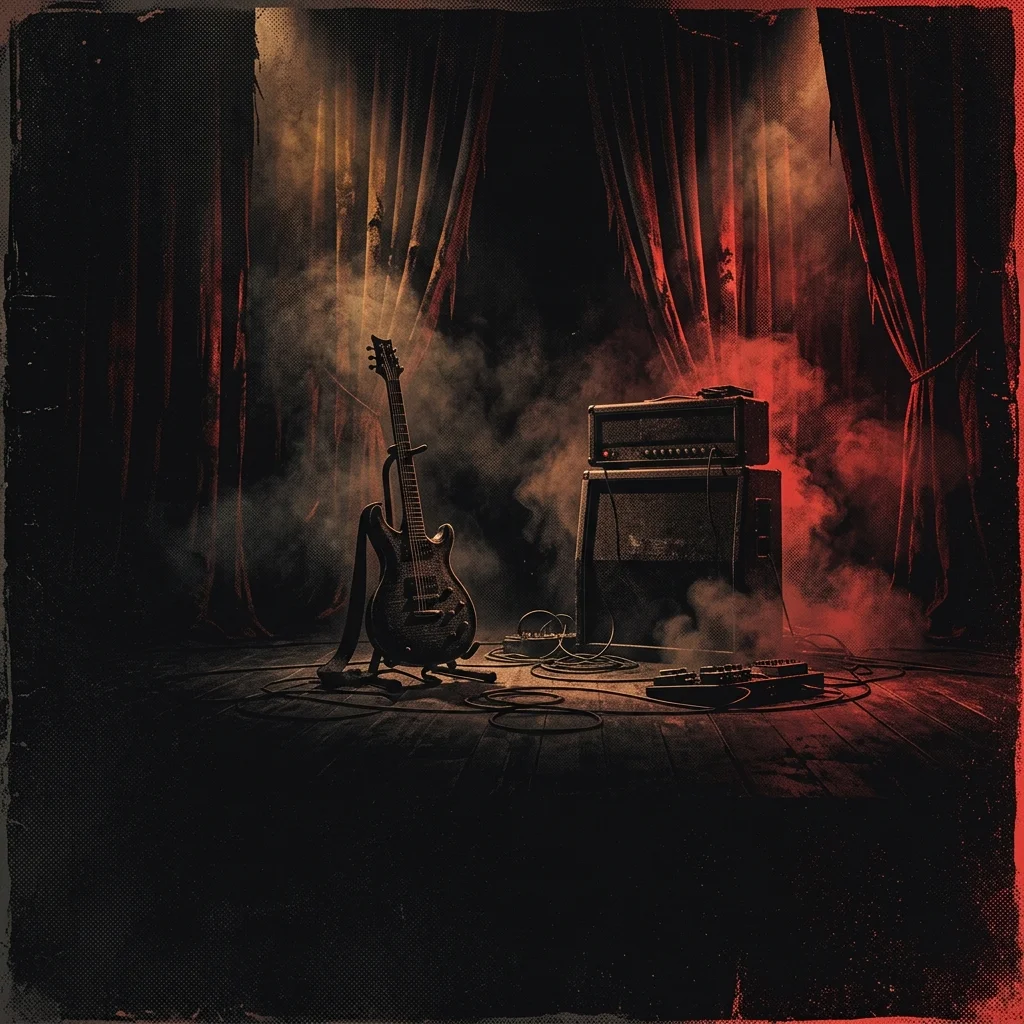 ilustración tributo de un escenario teatral oscuro con cortinas, humo y una guitarra entre sombras, atmósfera gótica y progresiva, paleta rojo y negro, sin texto ni logotipos