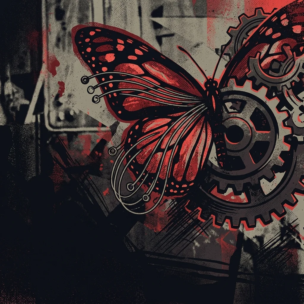 ilustración tributo de una mariposa monarca estilizada entre engranajes y cuerdas de guitarra, atmósfera alternativa, paleta rojo y negro, sin rostros ni logos