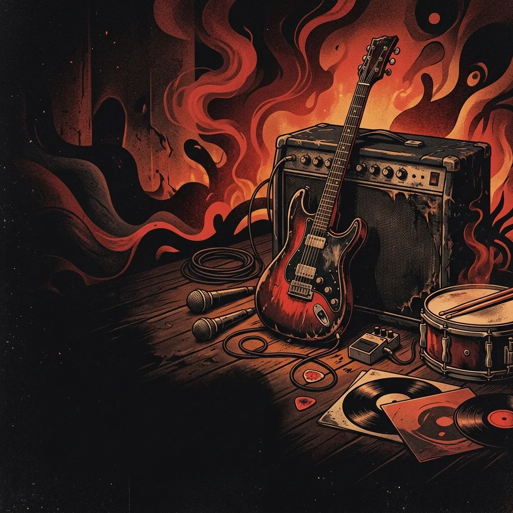 ilustración tributo de instrumentos de rock entre formas oníricas y tonos cálidos, atmósfera alternativa e introspectiva, paleta rojo y negro, sin texto ni logotipos