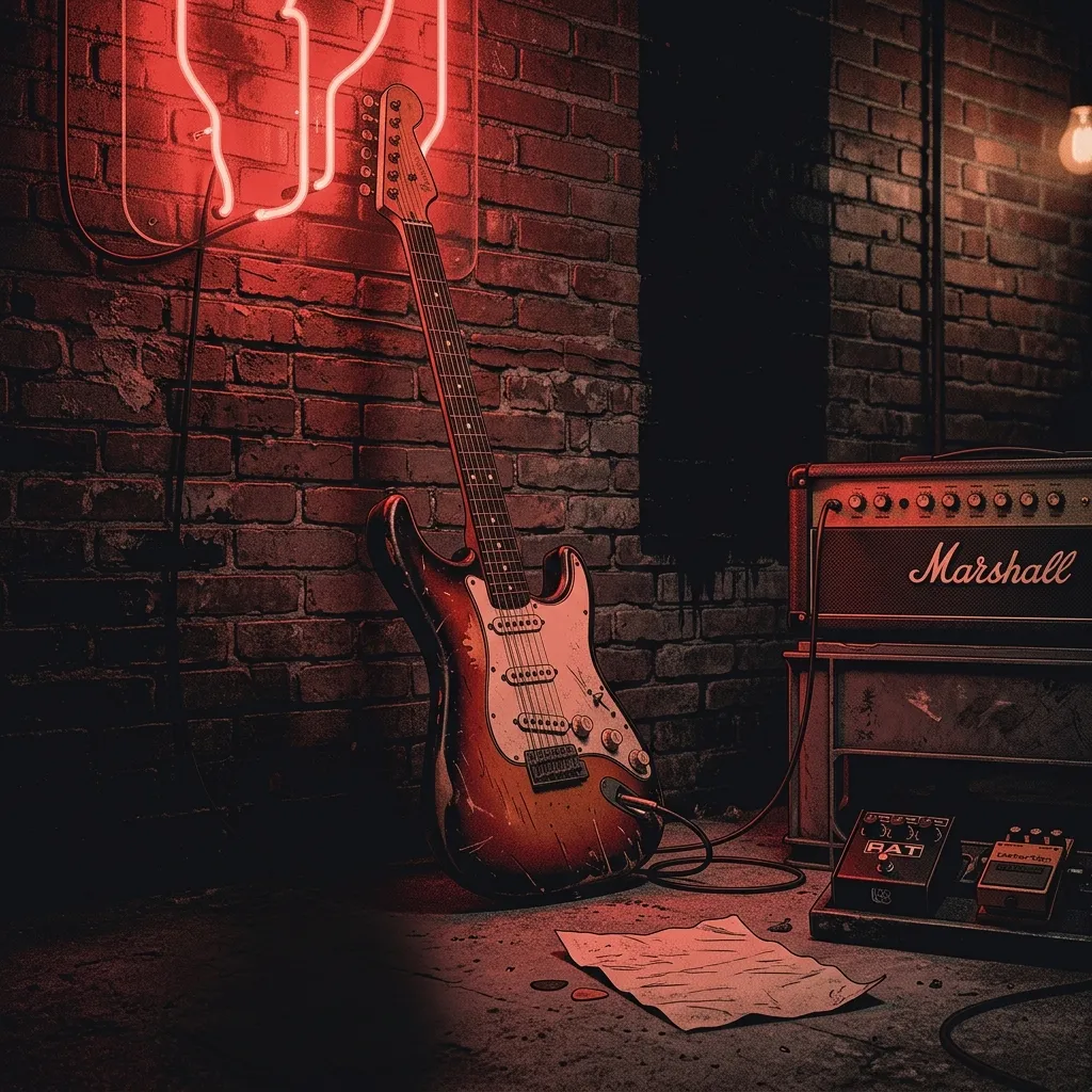 ilustración tributo del rock alternativo chileno de los 90, una guitarra entre luces de neón y sombras dramáticas, atmósfera moderna, paleta rojo y negro, sin rostros ni logos