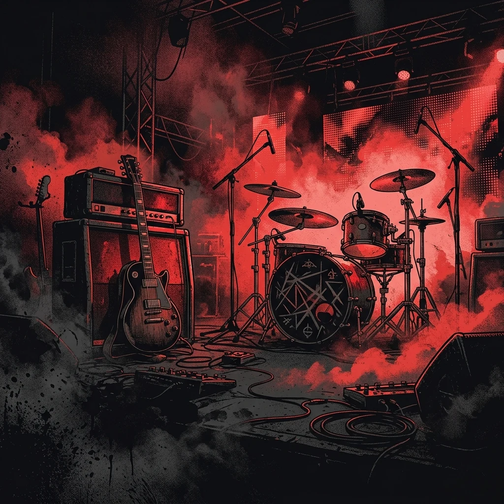 ilustración tributo de un escenario moderno con luces dramáticas y humo, atmósfera de rock alternativo internacional, paleta rojo y negro, sin rostros ni logos