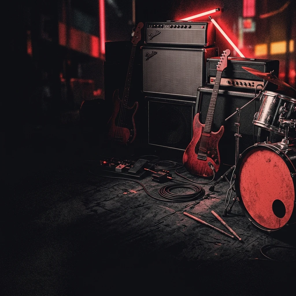 ilustración tributo de instrumentos de rock entre luces de neón y atmósfera moderna, estética alternativa internacional, paleta rojo y negro, sin texto ni logotipos