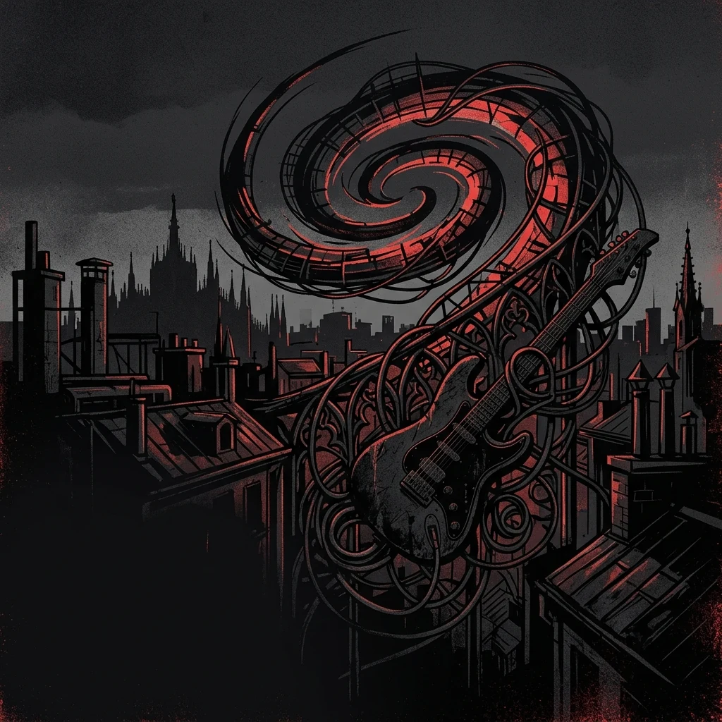 ilustración tributo de una espiral vacía sobre los tejados de Milán en la noche, guitarra eléctrica y cables entrelazados con ornamentos góticos, atmósfera industrial y oscura, paleta rojo y negro, sin rostros ni logos