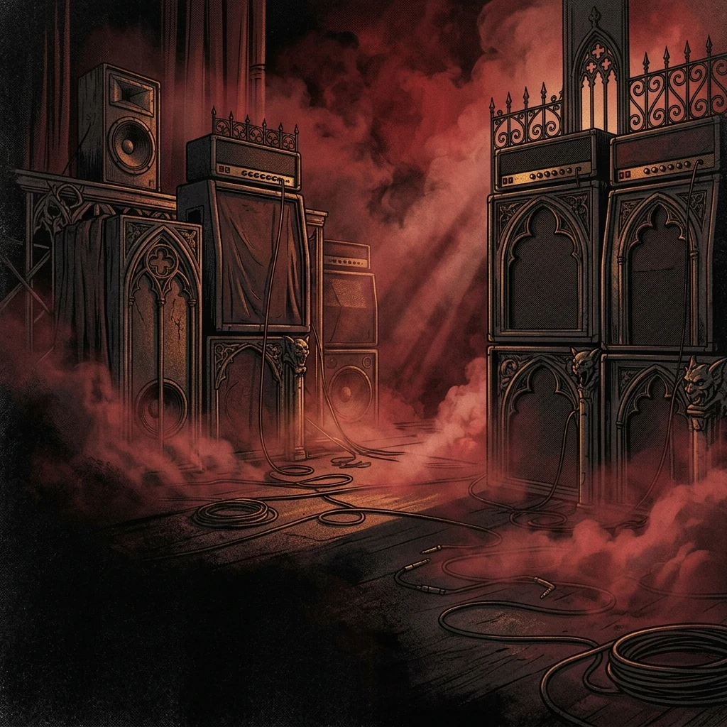 ilustración tributo de un escenario de concierto envuelto en humo rojo oscuro con amplificadores apilados y detalles ornamentales góticos, energía eléctrica y atmósfera catedral, paleta rojo y negro, sin rostros ni logos