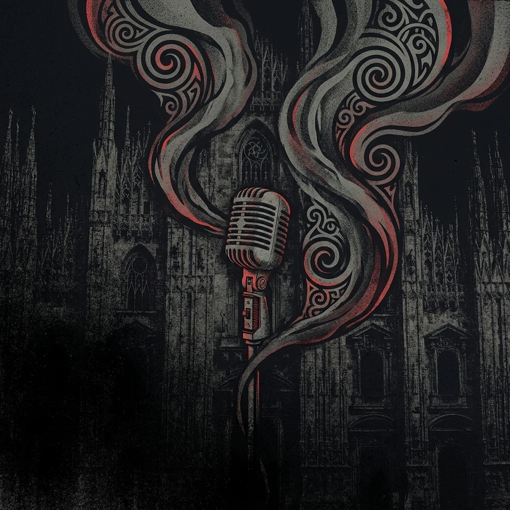 ilustración tributo de un micrófono vintage rodeado de símbolos góticos y espirales en vacío sobre fondo de catedral oscura milanesa, dos siluetas de voces entrelazadas como columnas de humo, paleta rojo y negro, sin texto ni logotipos