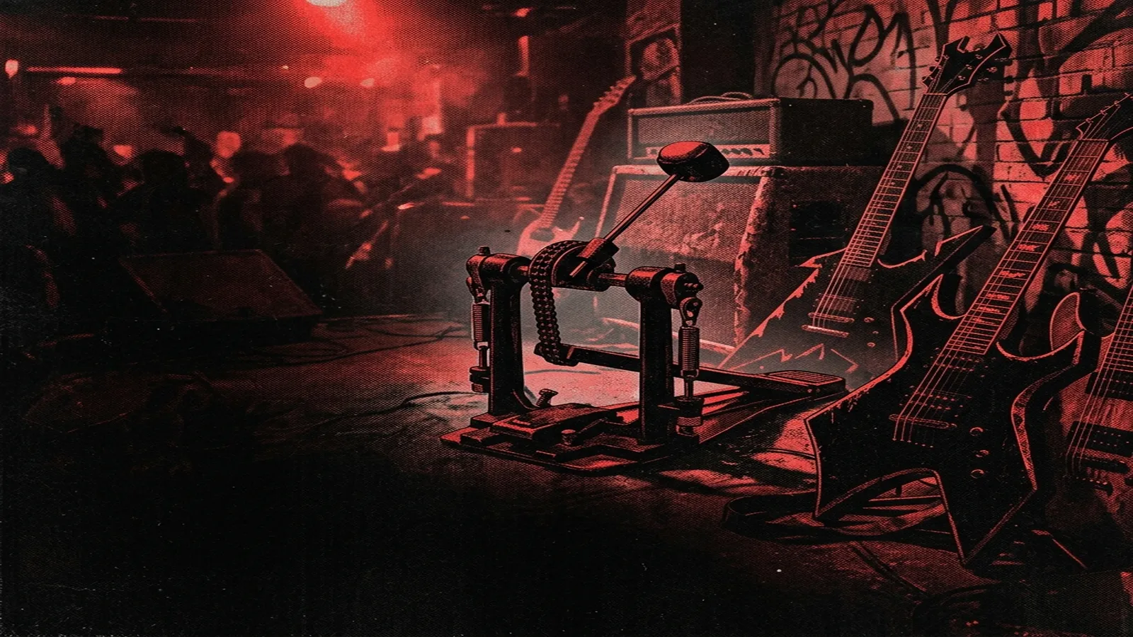 ilustración tributo de guitarras eléctricas y baquetas cruzadas sobre concreto agrietado bajo una lluvia de chispas industriales, atmósfera groove metal americano años 90 y 2000, sin rostros reconocibles ni logos, paleta rojo y negro