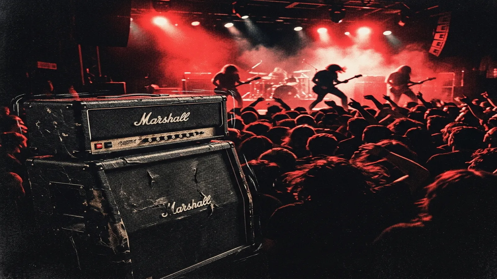 ilustración tributo de un escenario de metal en llamas visto desde el foso, columnas de fuego y humo rojo oscuro, atmósfera de concierto heavy metal moderno sin rostros ni logos reconocibles, paleta rojo y negro con destellos naranjas