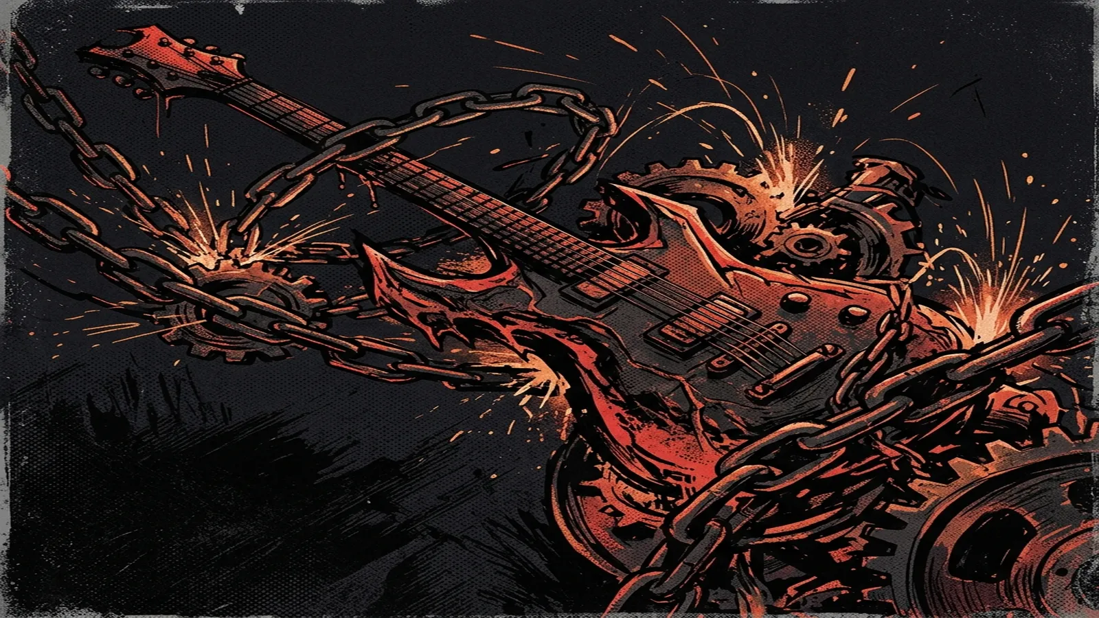 ilustración tributo de una guitarra eléctrica encendida con cuerdas de fuego sobre un fondo industrial de acero y humo rojo, atmósfera groove metal americano moderno, sin texto ni logotipos, paleta rojo y negro con destellos de ámbar