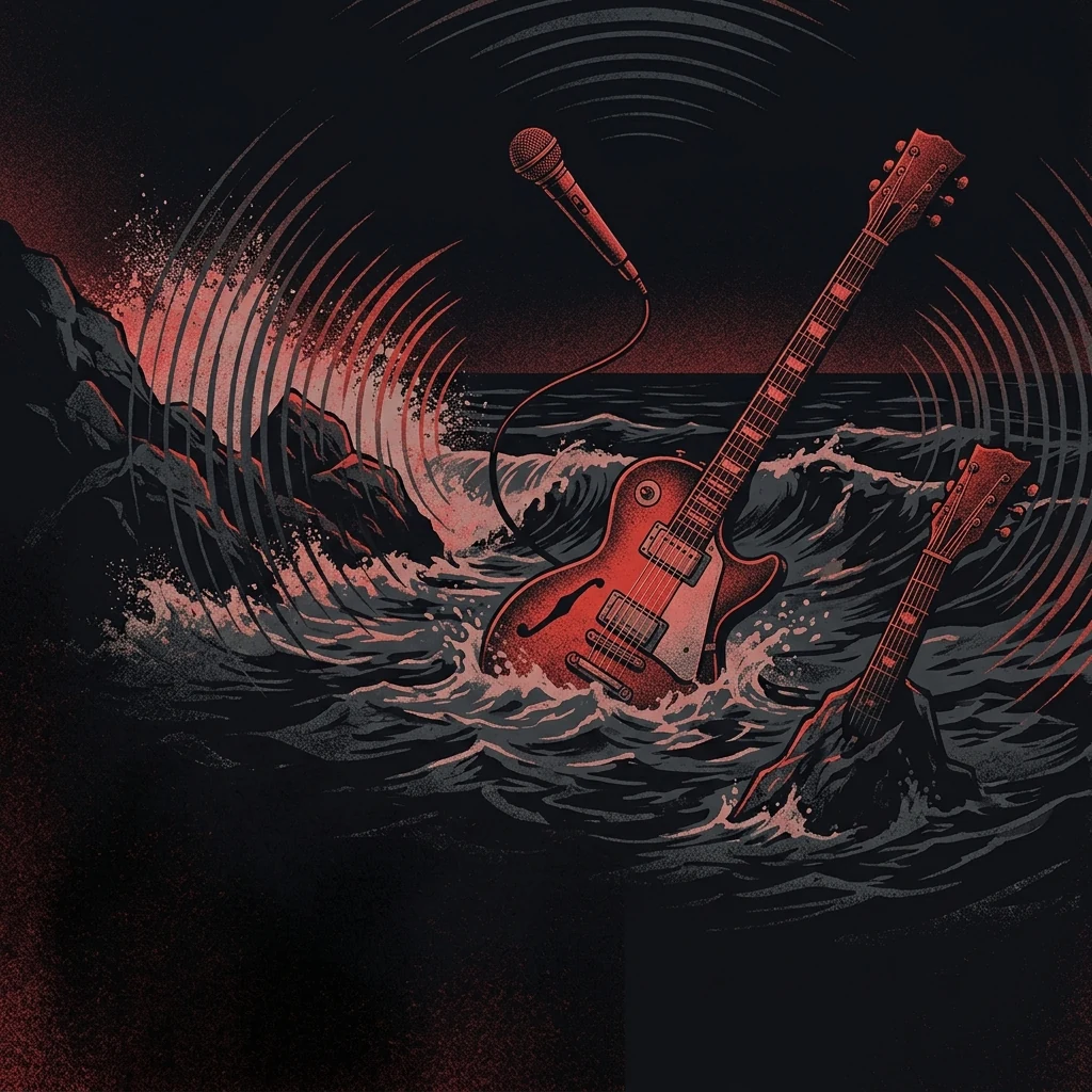 ilustración tributo de guitarras eléctricas y un micrófono suspendido sobre un mar nocturno marsellés, ondas sonoras que rompen como olas contra rocas oscuras, paleta rojo y negro profundo, sin rostros ni logos