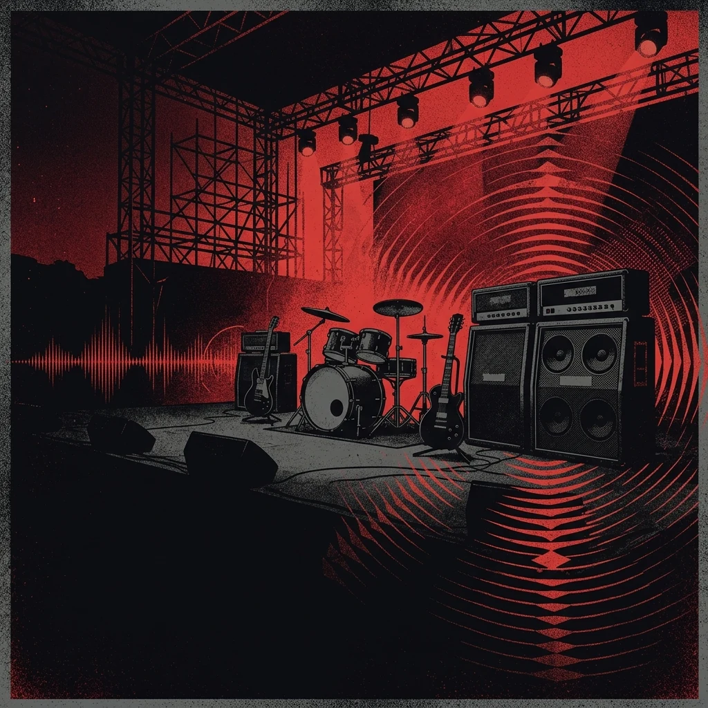 ilustración tributo de un escenario de festival bañado en luz roja con instrumentos y amplificadores dispuestos en la oscuridad, olas de energía sonora irradiando hacia el público, paleta rojo y negro, sin rostros reconocibles ni logos