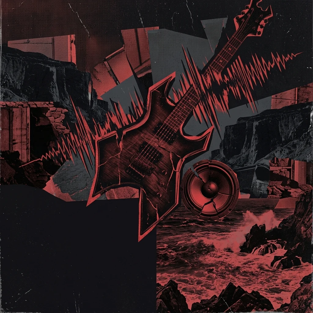 ilustración tributo de un collage de guitarras distorsionadas, ondas sonoras y fragmentos de acantilados nocturnos marselleses, paleta rojo y negro abismal, energía oceánica y violencia contenida, sin texto ni logotipos