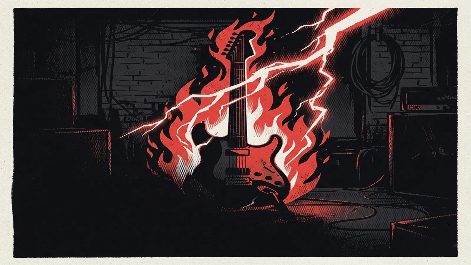 ilustración tributo de una guitarra eléctrica rodeada de llamas y relámpagos en un estudio londinense oscuro, atmósfera de poder contenido y génesis musical, paleta rojo y negro, sin rostros reconocibles ni logos