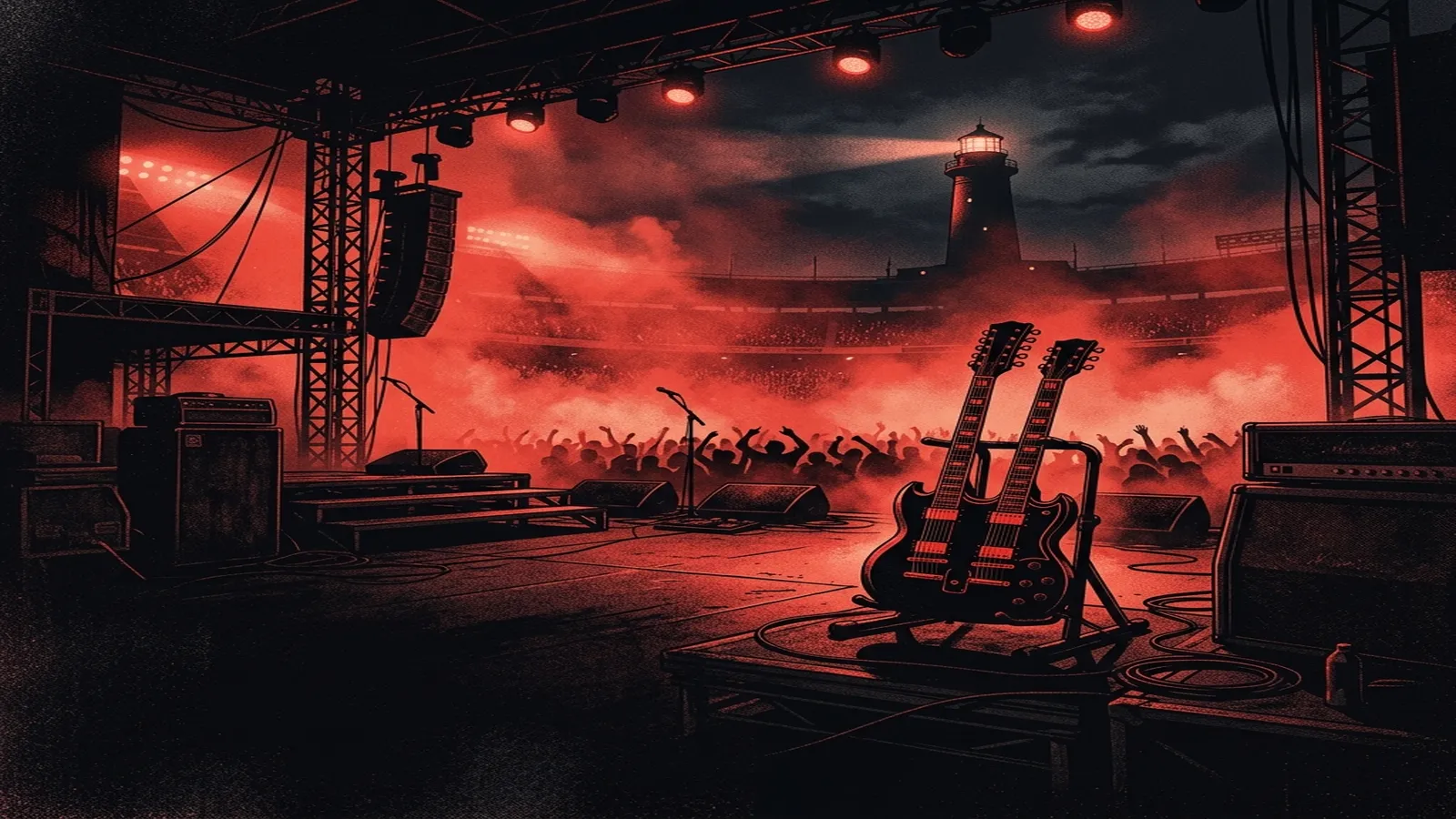 ilustración tributo de un escenario de estadio bañado en luz roja y niebla, con una guitarra de doble mástil y un faro solitario al fondo, atmósfera de épica nocturna, paleta rojo y negro, sin rostros ni logos
