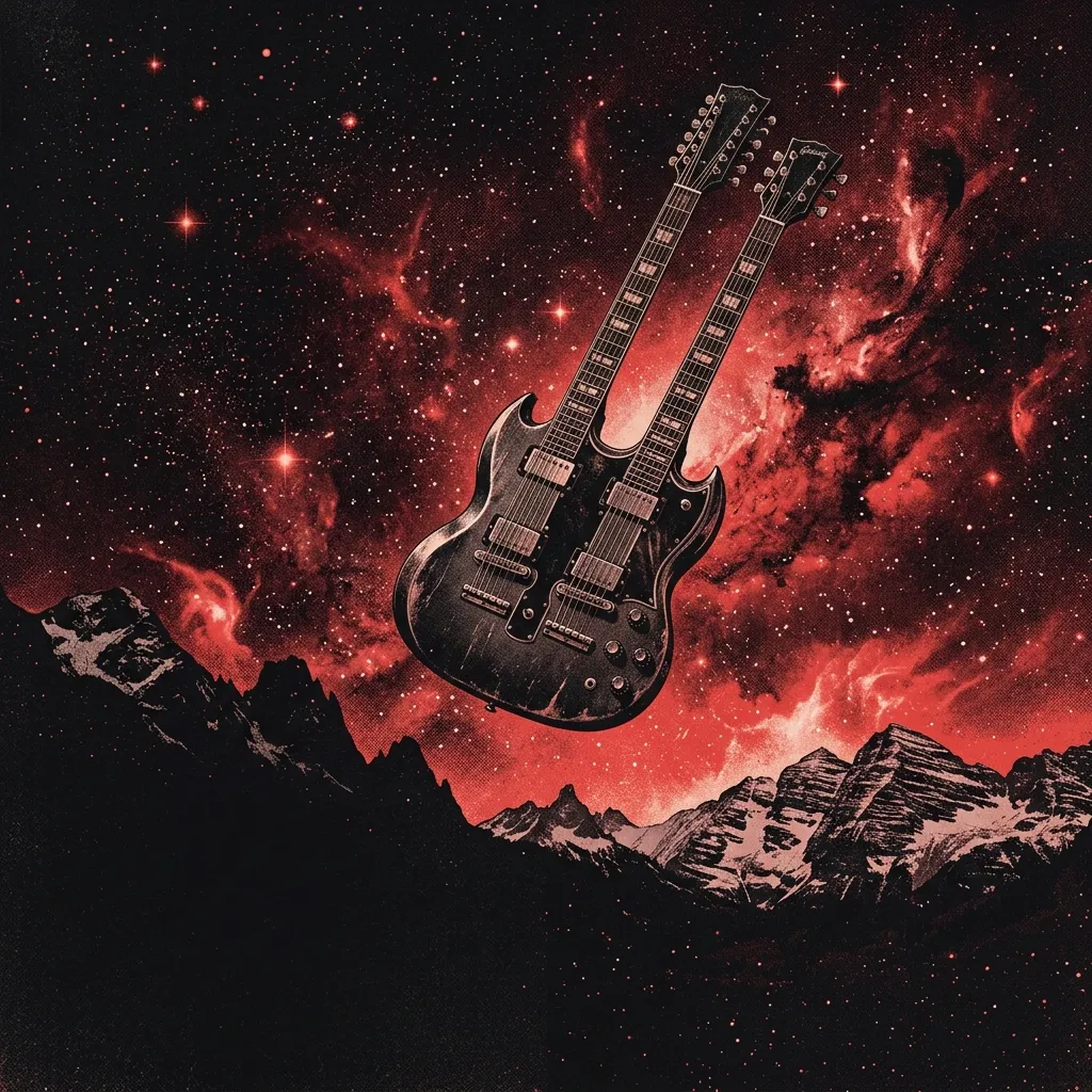 ilustración tributo de una guitarra de doble mástil suspendida en el aire rodeada de estrellas y niebla escarlata, con un zeppelin en llamas al fondo, estética rock épica de los 70, paleta rojo y negro, sin texto ni logotipos