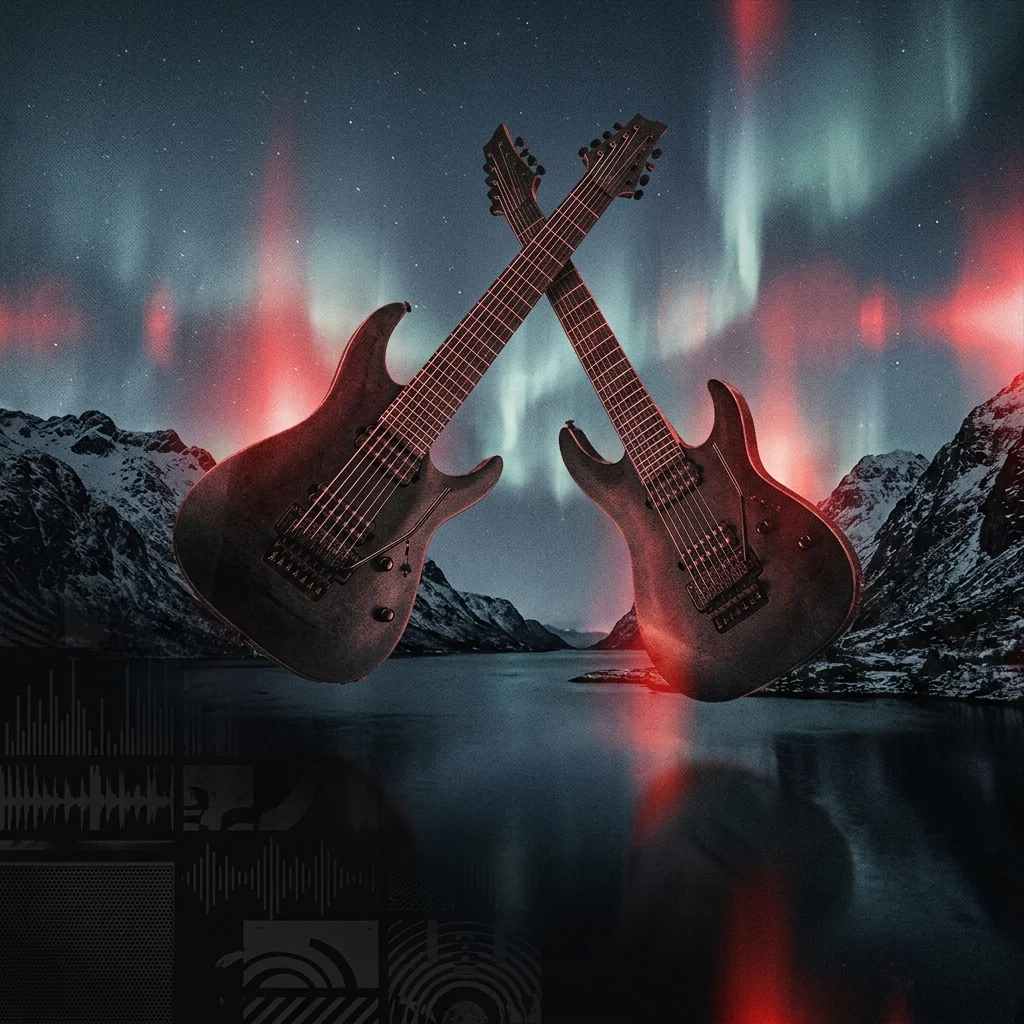 ilustración tributo de guitarras de ocho cuerdas suspendidas sobre un fiordo noruego en penumbra, luces árticas frías y destellos rojos, atmósfera de metal progresivo denso y emocional, sin rostros reconocibles ni logos, paleta rojo y negro
