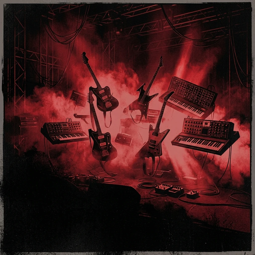 ilustración tributo de un escenario de concierto bañado en luz roja con siluetas de teclados y guitarras flotando en niebla, atmósfera de art rock nórdico y melancolía intensa, paleta rojo y negro, sin rostros ni logos