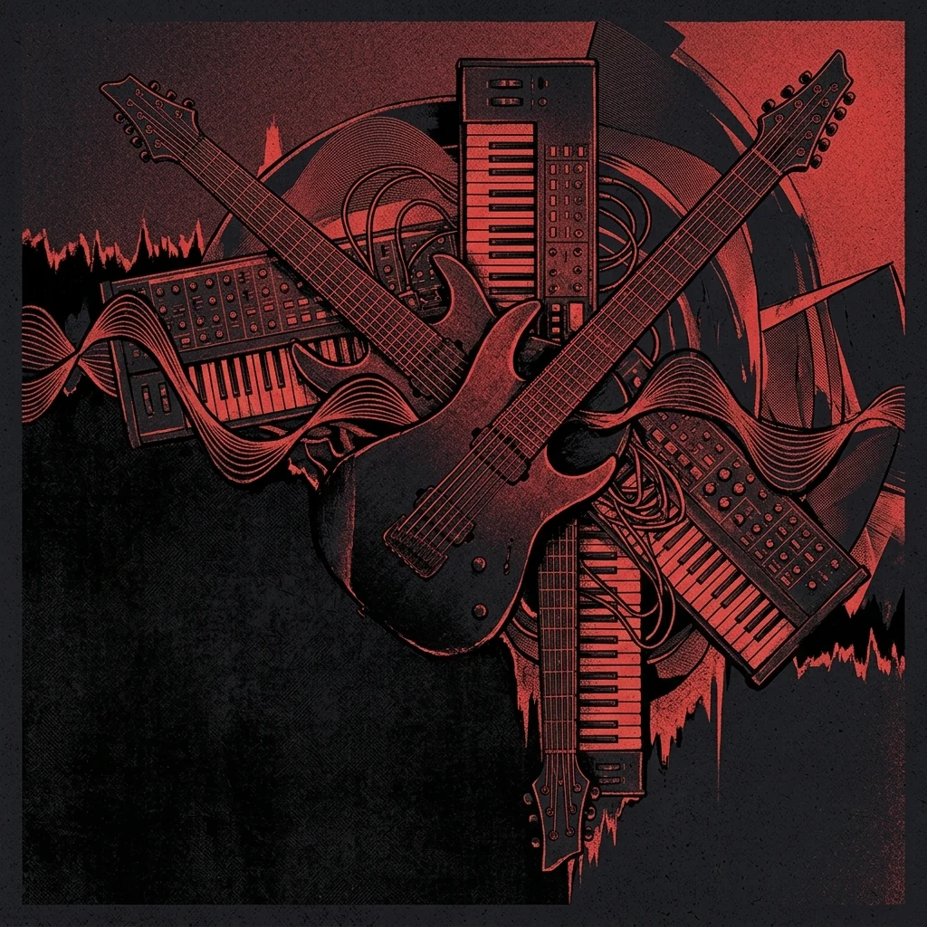 ilustración tributo de un collage de teclados, guitarras de ocho cuerdas y ondas sonoras entrelazadas bajo luz roja ártica, evocando la complejidad técnica y emocional del sonido de Leprous, paleta rojo y negro, sin texto ni logotipos