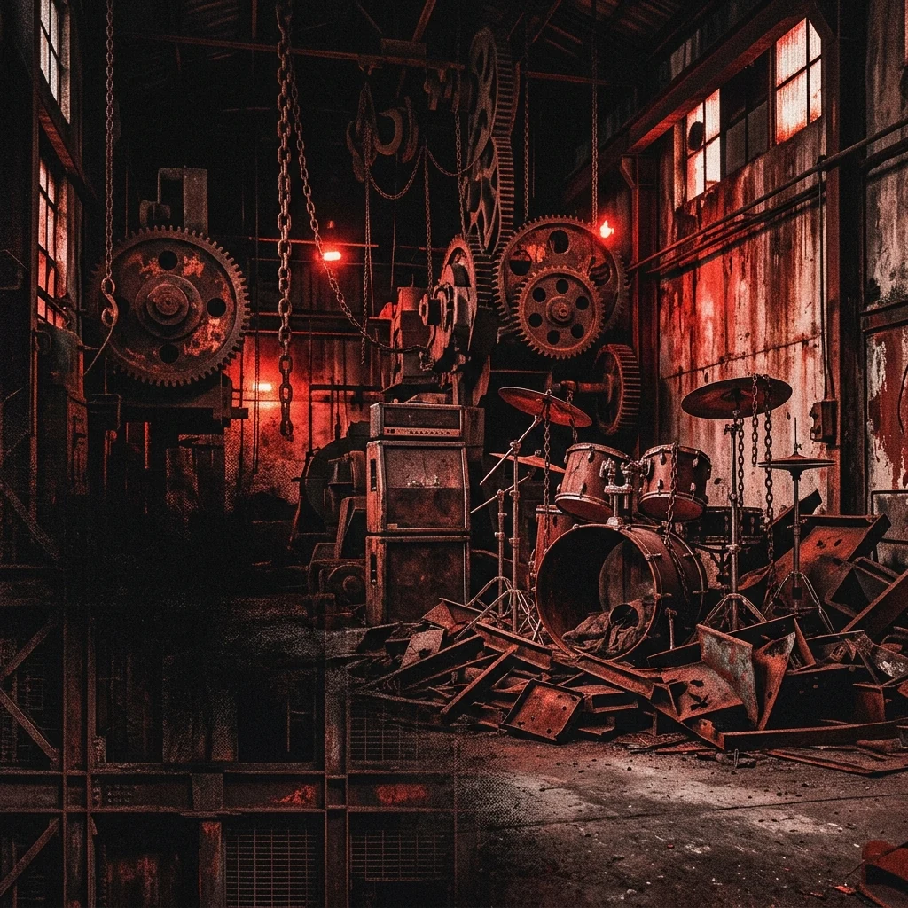 ilustración tributo de dos siluetas de músicos en una fábrica abandonada iluminada por luz roja, engranajes oxidados y cadenas suspendidas en la oscuridad, atmósfera industrial y opresiva, paleta rojo y negro, sin rostros reconocibles ni logos