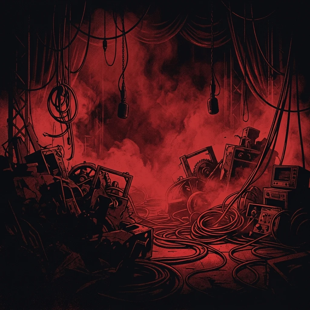 ilustración tributo de un escenario cubierto de humo rojo con siluetas de cables eléctricos y maquinaria industrial, atmósfera de cabaret oscuro y teatralidad extrema, paleta rojo y negro, sin rostros reconocibles ni logos