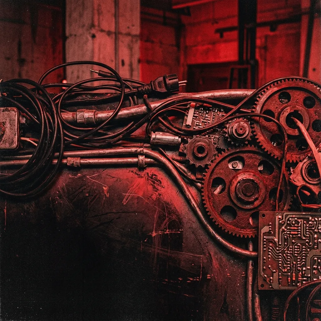 ilustración tributo de un collage de cables eléctricos, engranajes y circuitos metálicos sobre un fondo de luz roja industrial, textura mecánica y visceral, paleta rojo y negro, sin texto ni logotipos