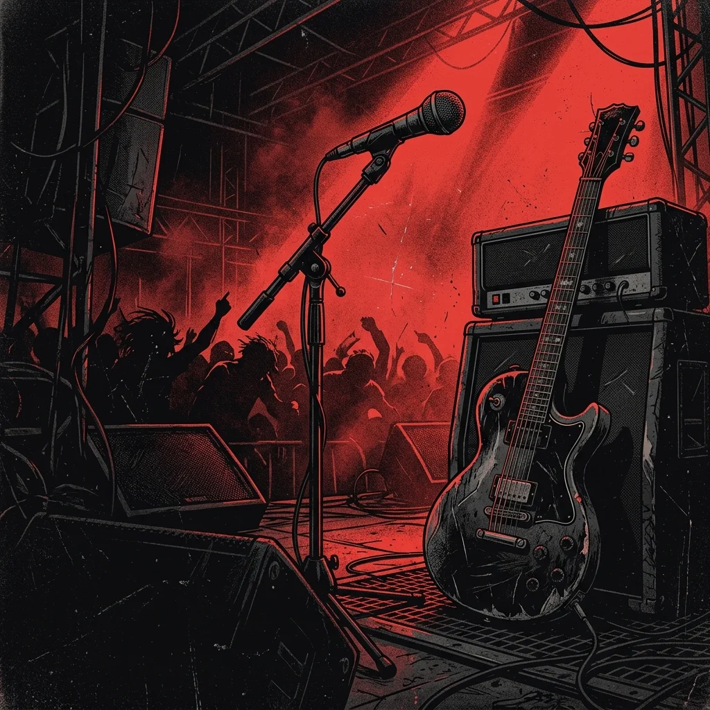 ilustración tributo de un micrófono y una guitarra eléctrica distorsionada sobre un escenario industrial bajo luz roja rasante, atmósfera nu metal California año 2000, sin rostros reconocibles ni logos, paleta rojo y negro