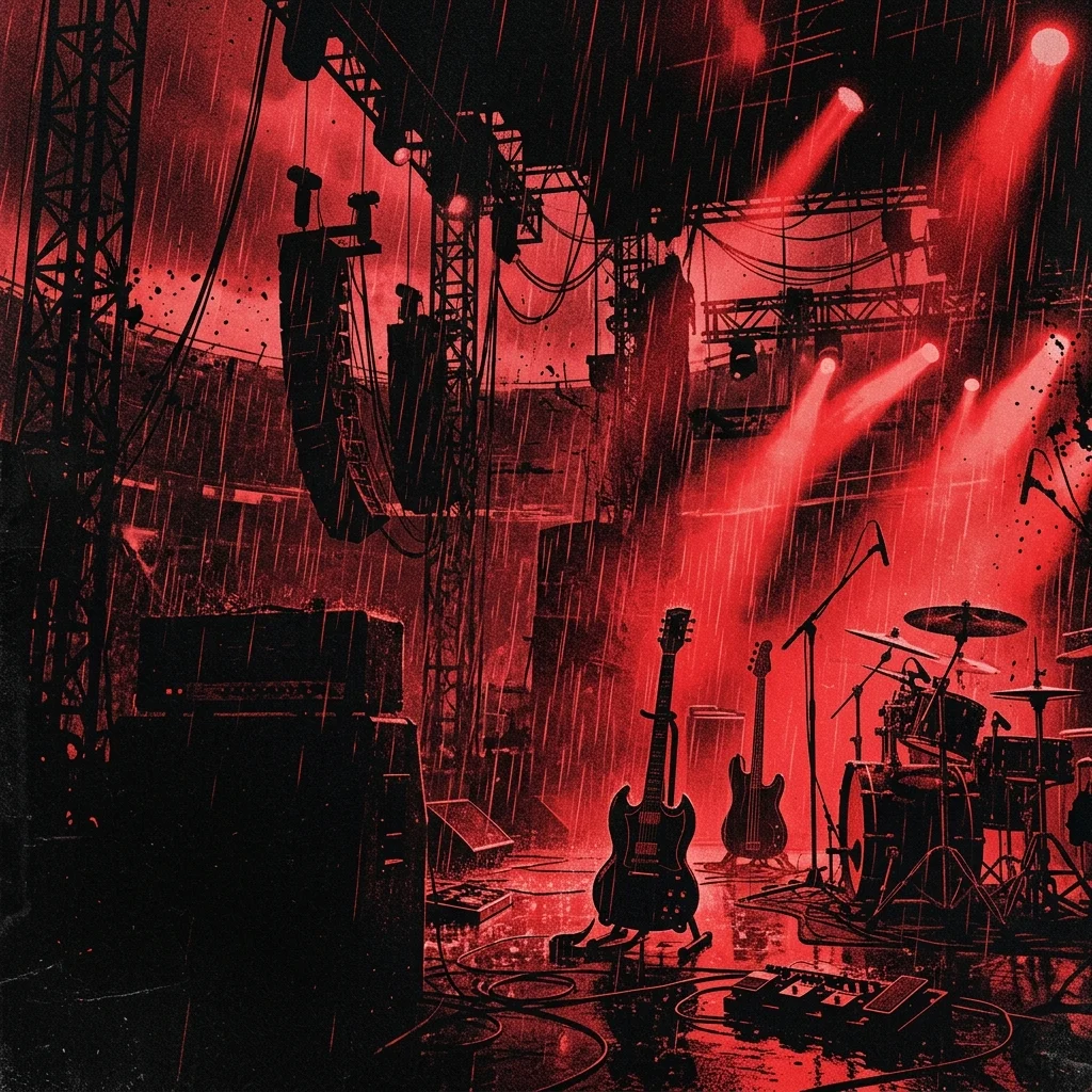 ilustración tributo de un escenario de estadio con lluvia de luz roja y neón sobre instrumentos eléctricos, siluetas de amplificadores y torres de luz, estética rock masivo años 2000, paleta rojo y negro intenso, sin rostros ni logos