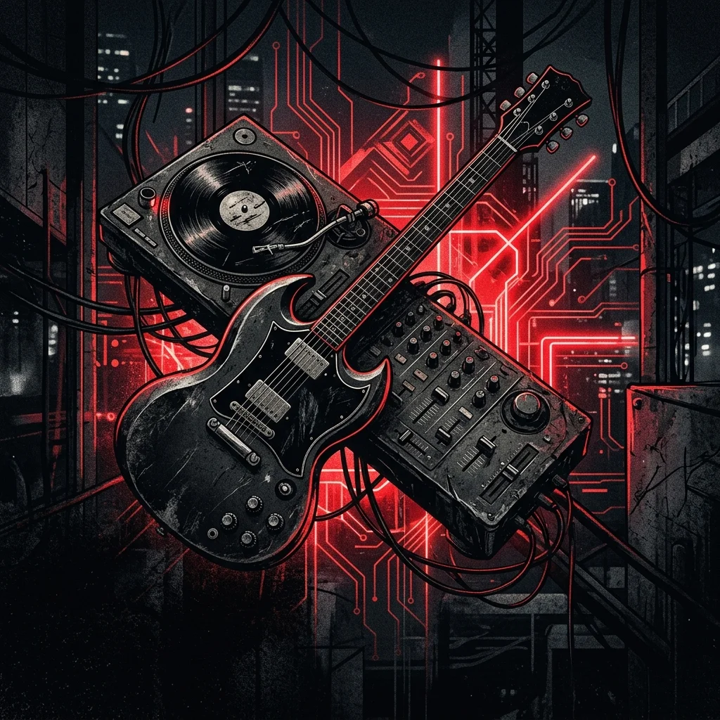 ilustración tributo de un DJ deck y una guitarra eléctrica cruzados sobre un fondo de circuitos y luces neon rojas, fusión visual de hip-hop y metal alternativo, estética digital y urbana año 2000, paleta rojo y negro, sin texto ni logotipos