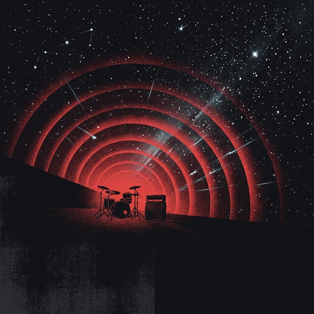 ilustración tributo de ondas de sonido que se expanden desde un escenario oscuro hacia un cielo estrellado, atmósfera de vastedad y exploración, paleta rojo y negro con destellos de luz fría, sin rostros ni logos